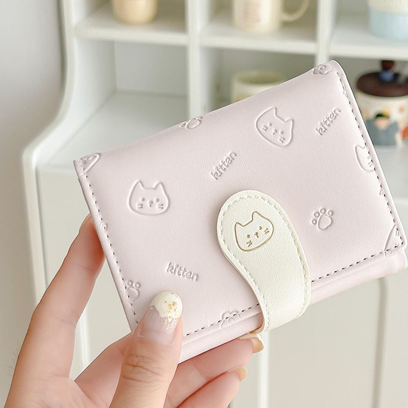 Cat Tail Cute Ladies Card Holder Fashion Buckle Cartoon Printed Pu Short Tri-Fold Coin Purse Wallet