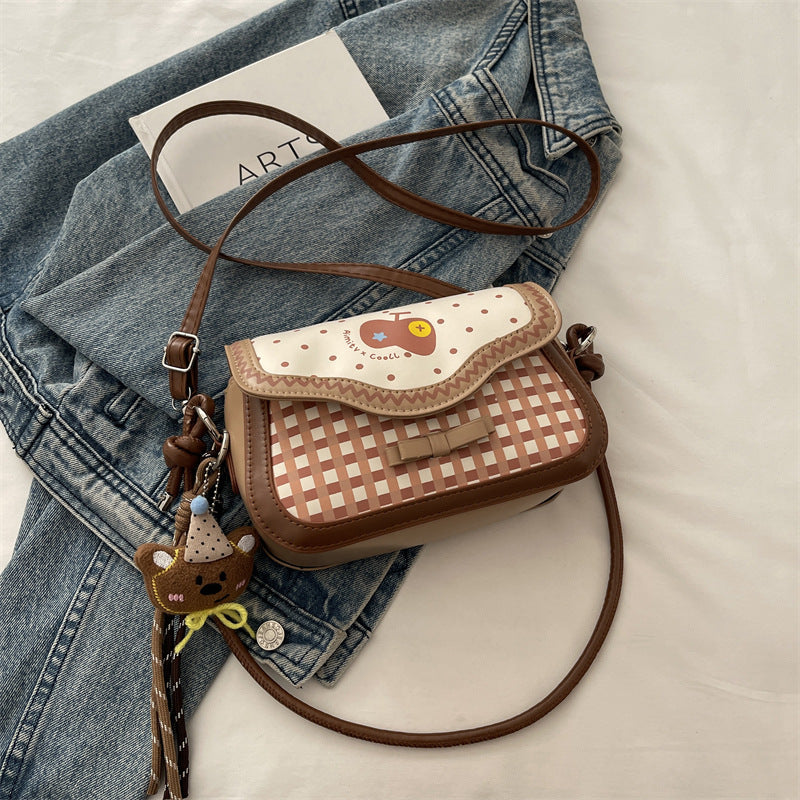 Cute Apple Small Square Bag Urban Simple Style Plaid Bow Design Fashionable All-Match Shoulder Messenger Bag
