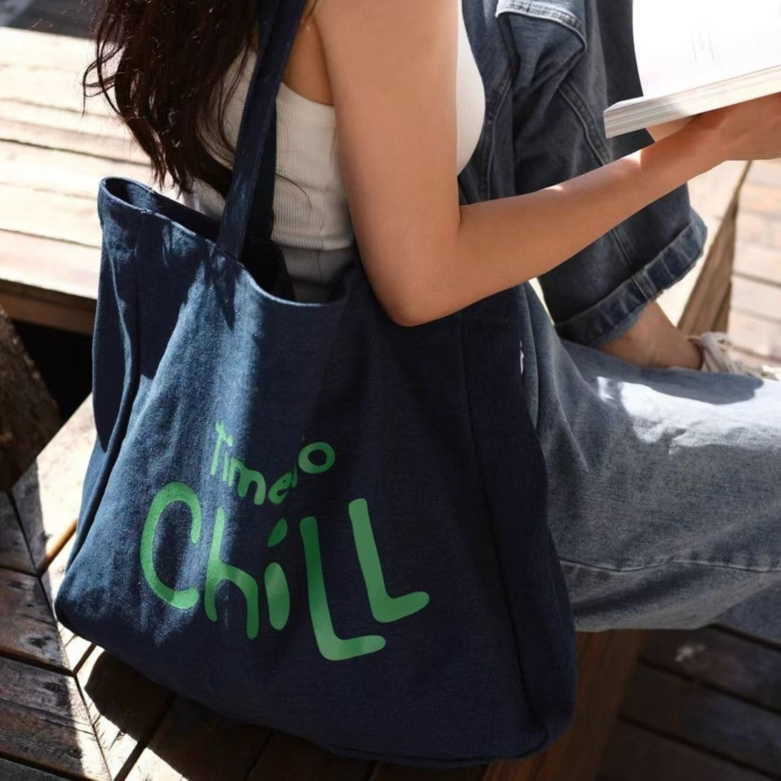 Chill Style Denim Tote Bag for Women - Trendy Printed Letter Design, Large Capacity Everyday Shoulder Bag for Work, School & Casual Outings