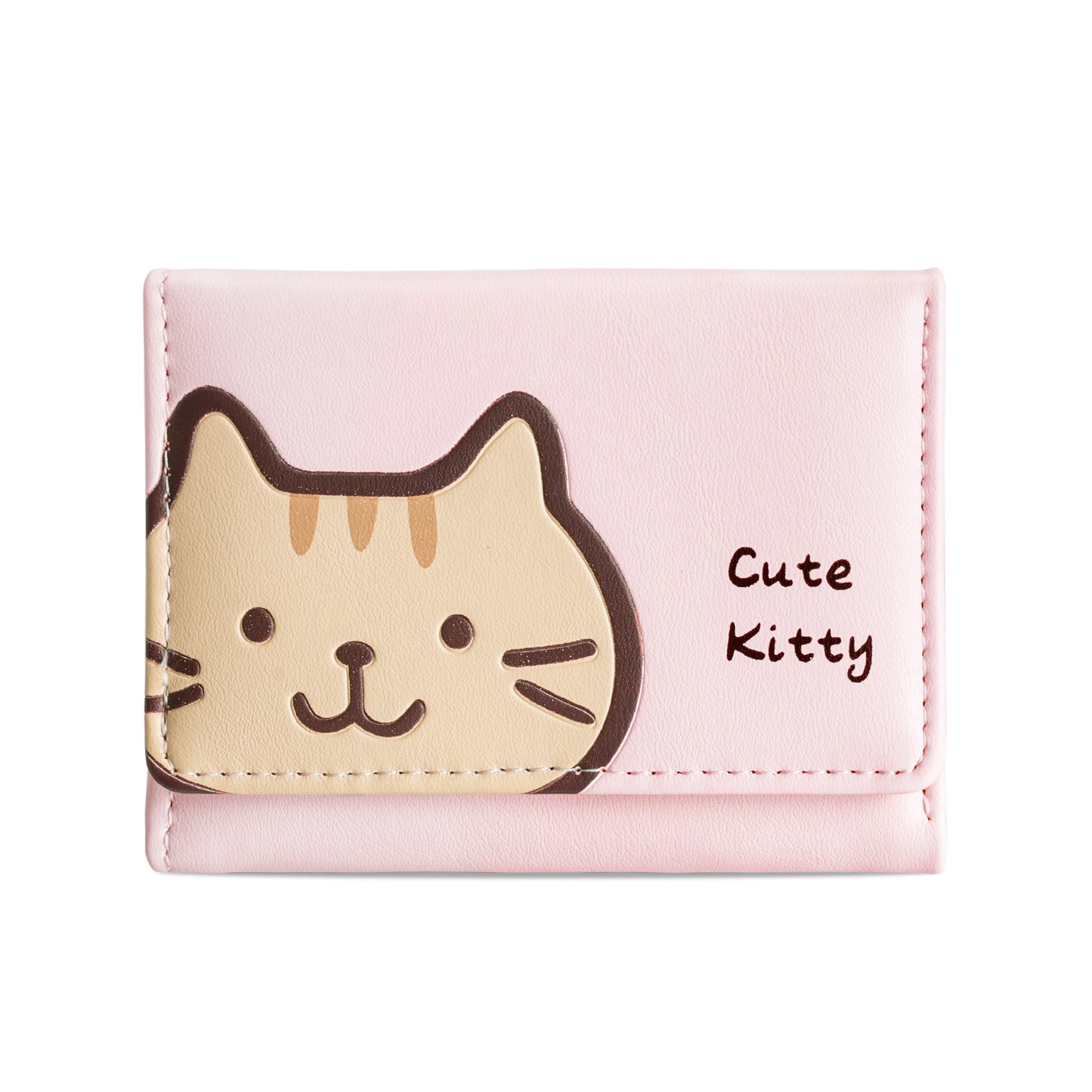 Cute Kitty Print PU Wallet for Women, Fashionable Three-Fold Card Holder with Sweet Cartoon Design
