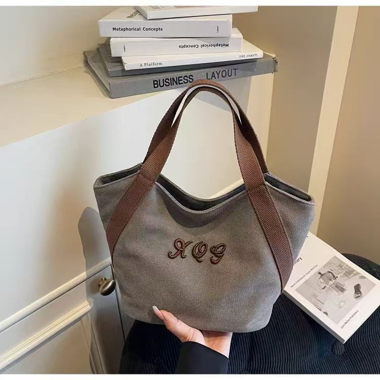 2025 New Simple Canvas Tote Bag with Embroidery Design for Daily Commute and Lunch Carry