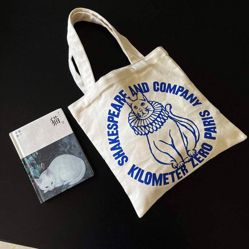 Cute Cat Print Canvas Tote Bag from Shakespeare and Company Paris - Urban Minimalist Style for Daily Use