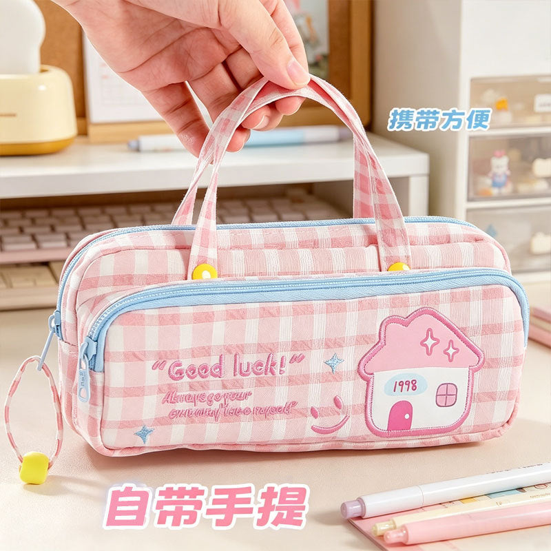 Cute Double-Layer Pattern Lucky Embroidery Pencil Case Large Capacity Portable Portable Ins Style Dopamine Good-looking Stationery