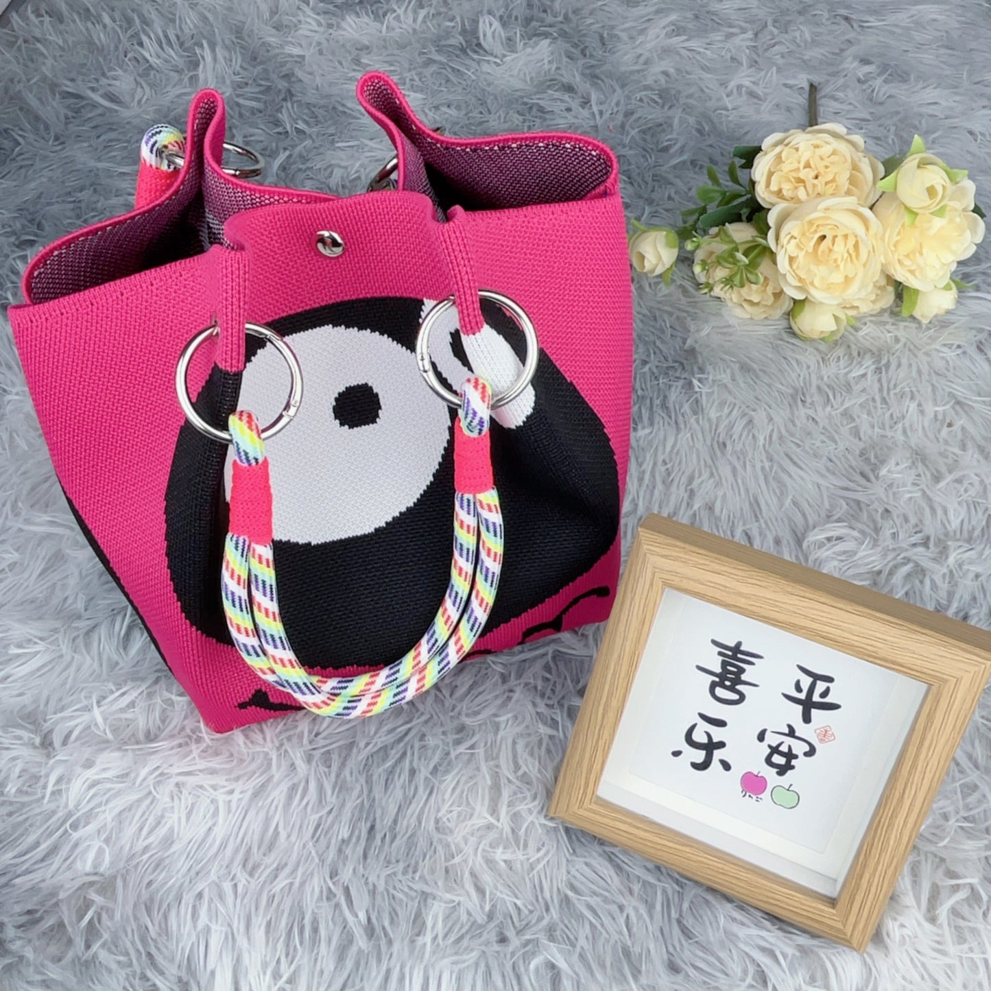 Women's Shoulder Bag New Hollow Canvas Handbag Color Rope Handle Large Capacity Daily Commuter Women's Bag