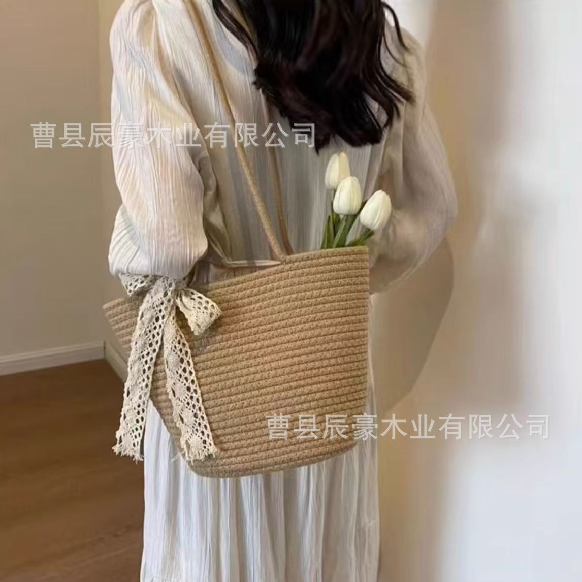 Women's Shoulder Bag Handmade Cotton String Woven Tote Bag Flower Decoration Large Capacity Commuter Travel Beach Handbag