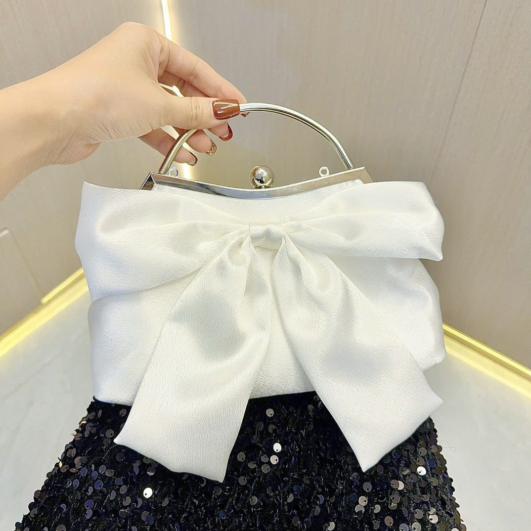 Elegant White Bow Handbag with Metal Handle for Wedding and Evening Events, Soft Satin Design with Inner Pockets