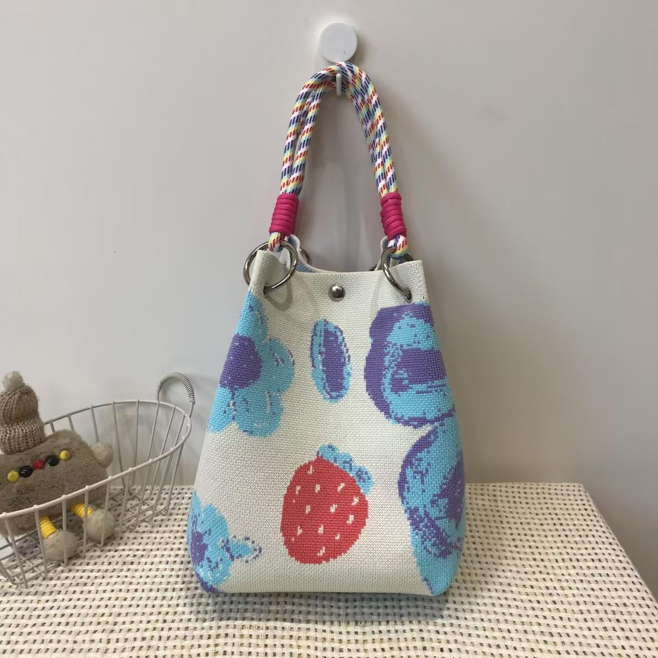 Black and White Rhombus Knitted Tote Bag Women's Casual Versatile Large Capacity Messenger Bag Handbag