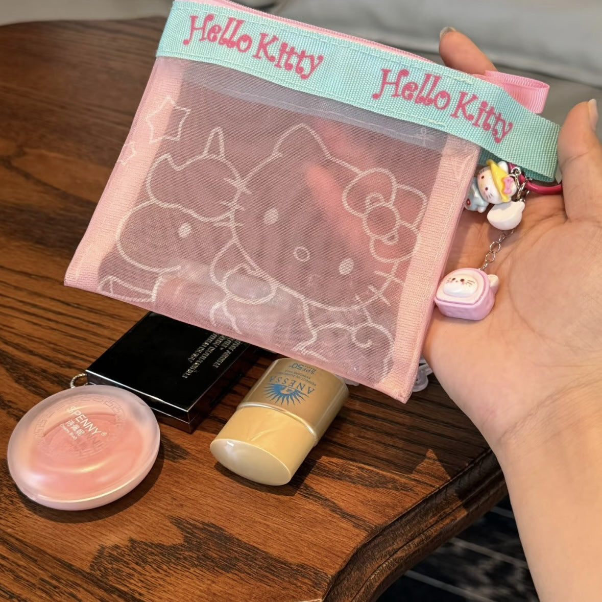 Cute Hello Kitty Mesh Pouch with Transparent Design for Cosmetics and Daily Essentials