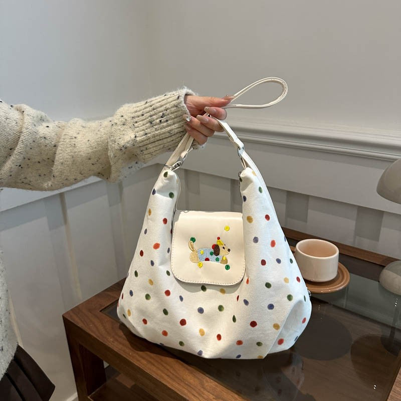 Women's Schoolbag Shoulder Bag Cute Polka Dot Embroidered Tote Bag Large Capacity Student Daily Casual Crossbody Shoulder Bag