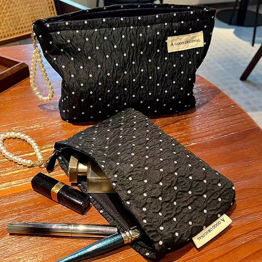 Elegant Polka Dot Clutch with Pearl Chain - Soft Cotton Makeup Bag for Travel and Daily Use