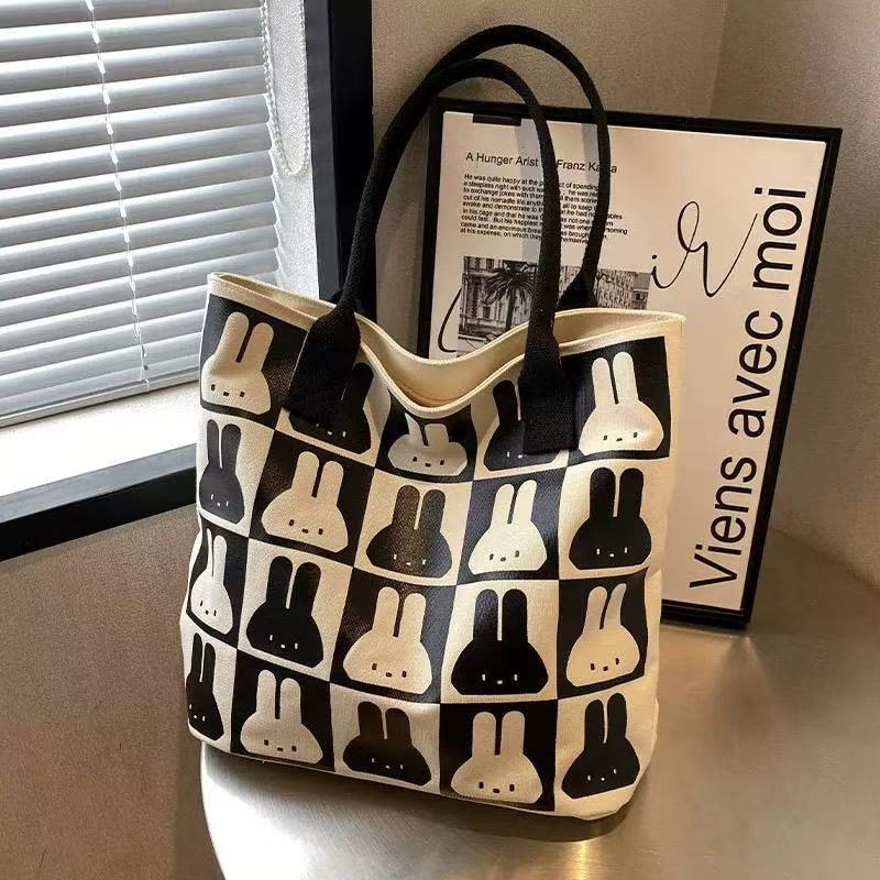 Large Capacity Rabbit Print Canvas Tote Bag for Women, Stylish Summer Shoulder Bag with Phone Pocket, Perfect for School and Commuting