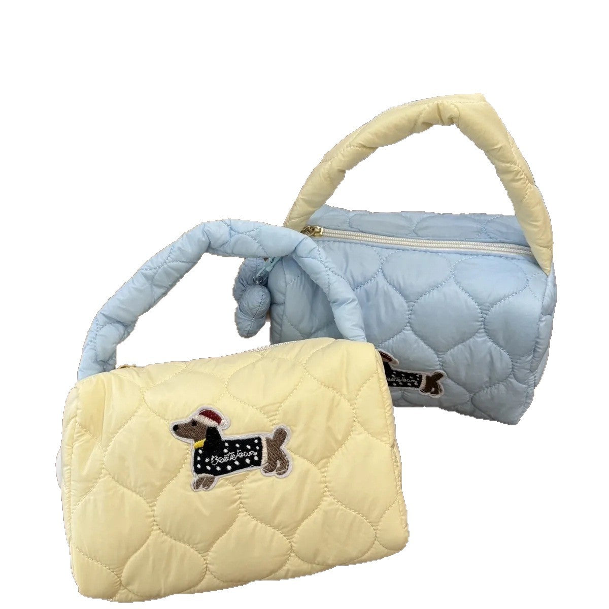 Cute Puppy Embroidered Quilted Handbag Zipper Closure Daily Portable Fashion Wash Bag