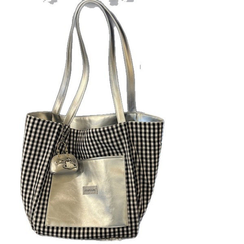 New Pu Double Bread Women's Versatile Large Capacity Plaid Minimalist Japanese Solid Color Tote Bag