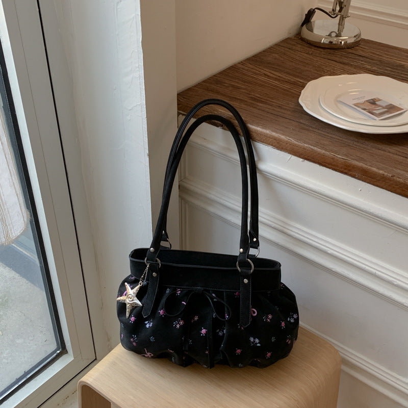 Korean Style Large Capacity Shoulder Bag with Pleated Design and Polka Dot Print for Daily Commute