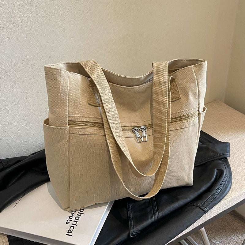 Korean Style Minimalist Canvas Tote Bag with Zipper Closure, Large Capacity Everyday Shoulder Bag for Women