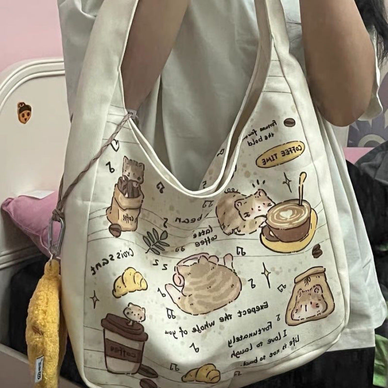 New Cartoon Kitten Shoulder Bag Female Versatile Large Capacity Student Canvas Bag