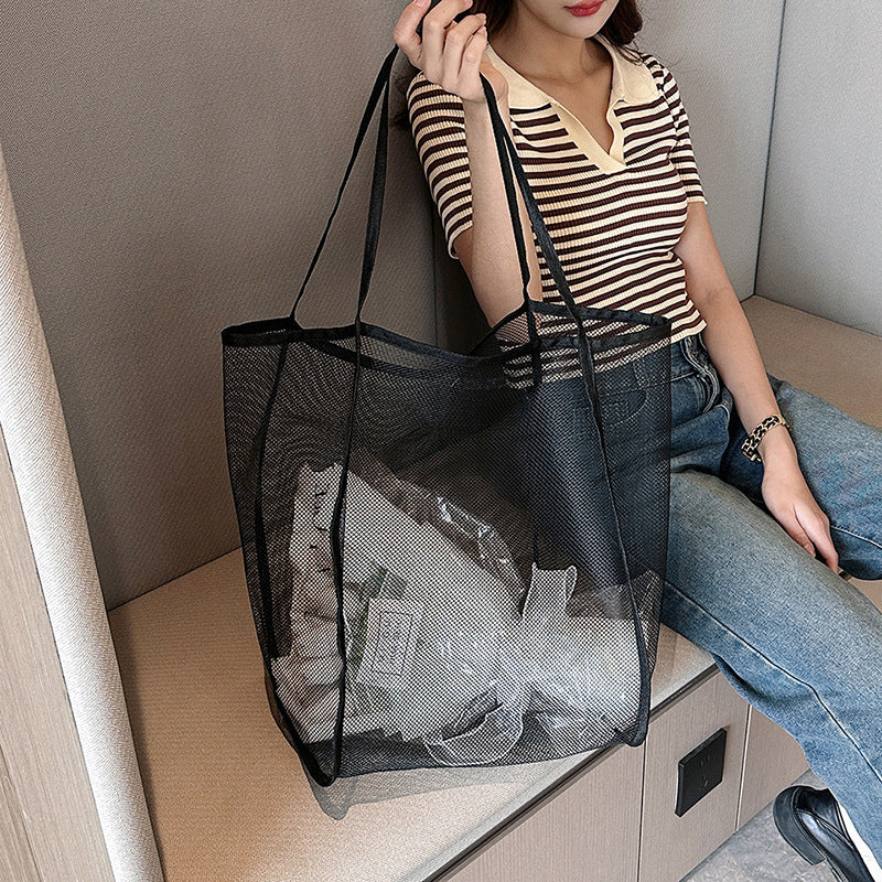 Large Capacity Mesh Tote Bag for Women, Breathable Nylon Shoulder Bag, Fashionable Casual Style, Perfect for Beach and Travel