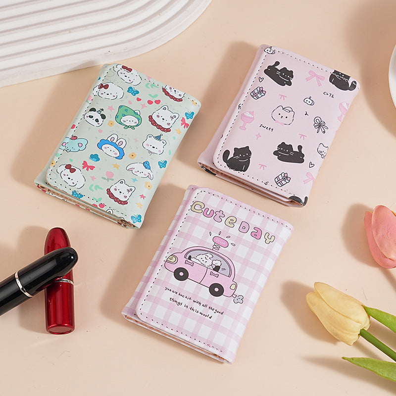 Cute Cartoon Print Trifold Wallet with Card Holder and Coin Pocket, Waterproof PU Material for Daily Use
