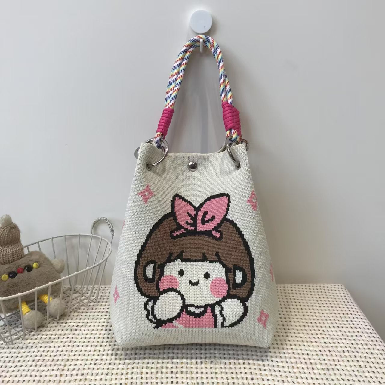 Black and White Rhombus Knitted Tote Bag Women's Casual Versatile Large Capacity Messenger Bag Handbag