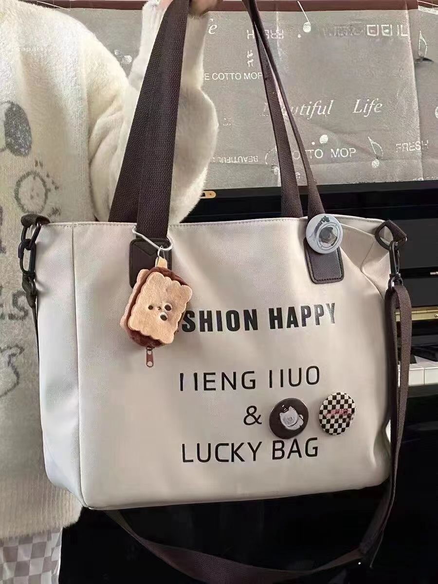 Cute Fashionable Tote Bag with Letter Print & Emoji Charms for Daily Commute and College Life