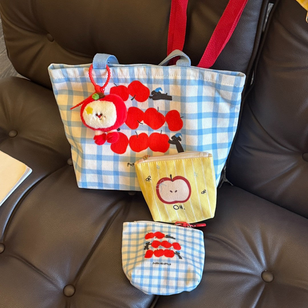 Cute Apple Print Canvas Tote Bag with Dual Straps and Zipper Closure for Daily Use