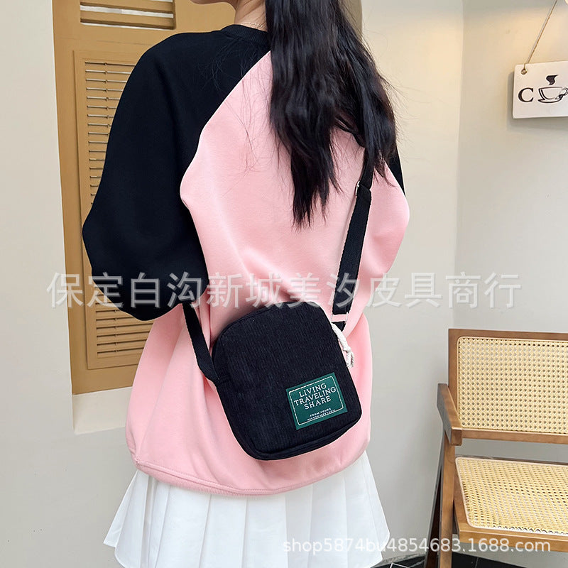Corduroy Small Square Bag Women's Shoulder Bag Korean Simple Messenger Bag Zipper Closure Strap Mobile Phone Bag