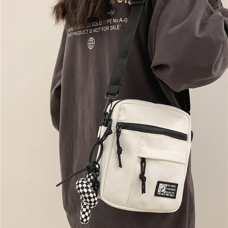 2025 Spring Summer New Casual Minimalist Unisex Small Square Bag with Zipper Closure and Checkerboard Tassel - Street Style Crossbody Phone Wallet Bag
