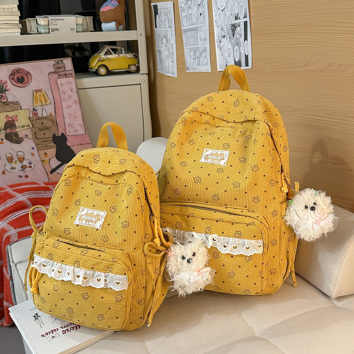 Artistic Fresh Student Backpack Soft Corduroy Material Lace Large Capacity Breathable Design