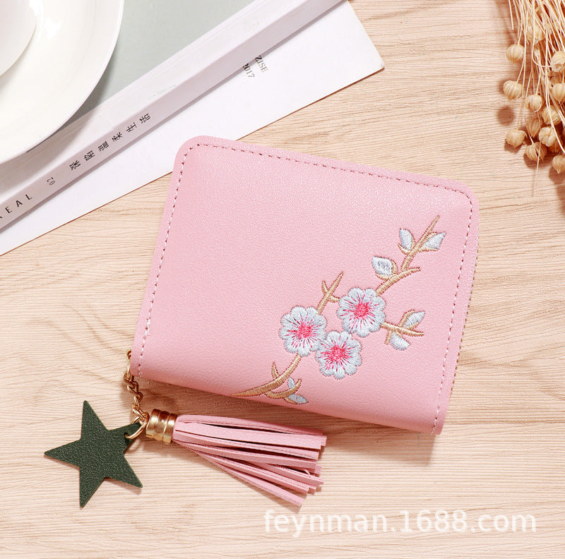 Cute Heart Embroidery PU Wallet for Women with Tassel Charm and Star Pendant, Compact Card Holder for Daily Use