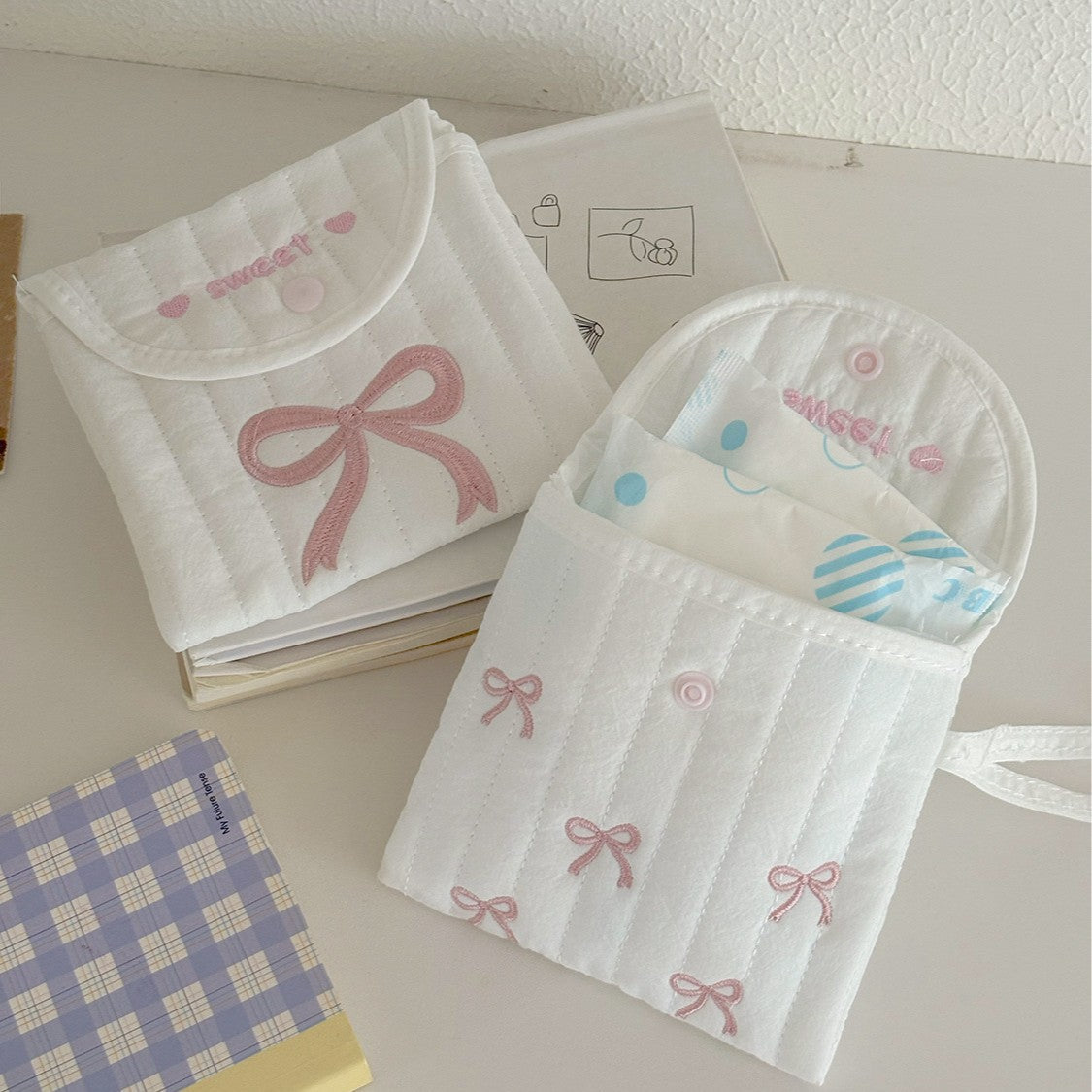 Sweet Embroidered Bow Pouch for Menstrual Products and Daily Essentials, Cute and Portable Design with Stitched Details
