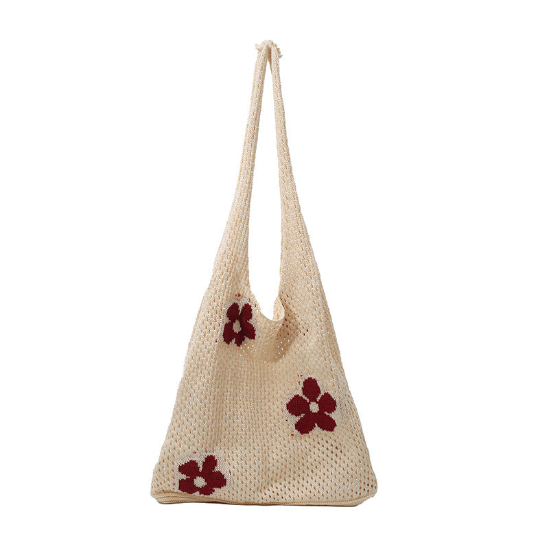 One Shoulder Bag Women's Japanese and Korean Retro Cotton Braided Knitted Handbag Flower Beach Vacation