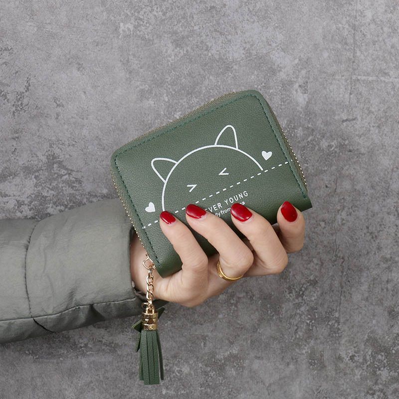 Cute Cat Zipper Wallet with Tassel Charm for Women, Stylish Card Holder and Coin Purse with Sweet Animal Design