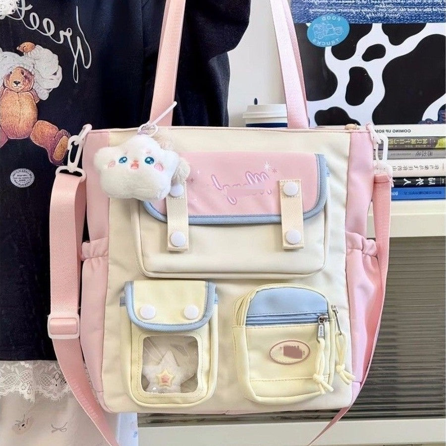 Cute Color-Blocking Student Tote Bag with Plush Keychain and Multiple Pockets for Daily Use