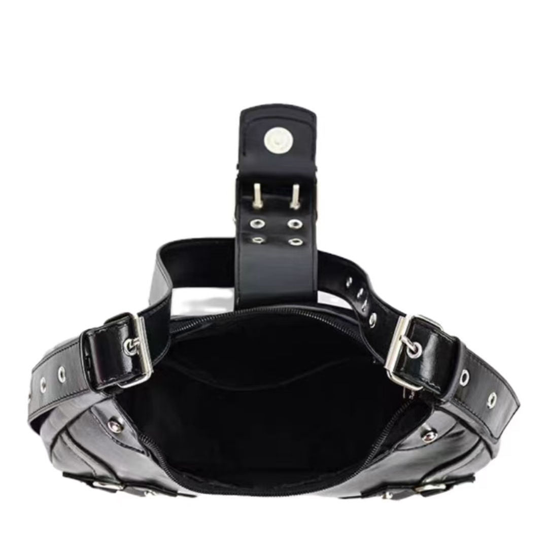 Urban Chic Crescent Shoulder Bag with Buckle and Stud Details for Daily Style