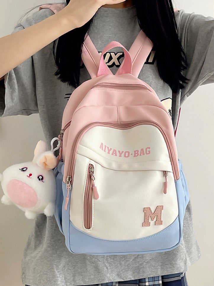 Cute Kids Backpack with Plush Rabbit Charm for School Travel and Spring Outings - Waterproof Oxford Fabric Design