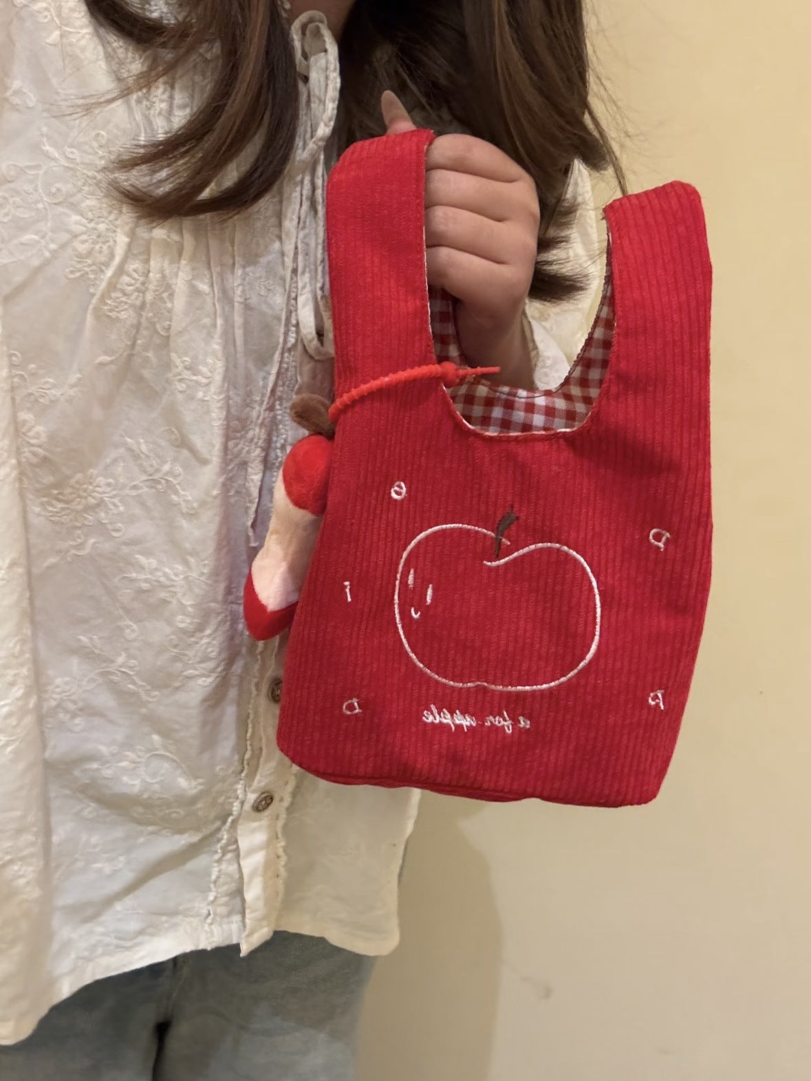 Cute Apple Pattern Corduroy Handbag with Embroidery Design, Perfect for Daily Use and Stylish Outfits