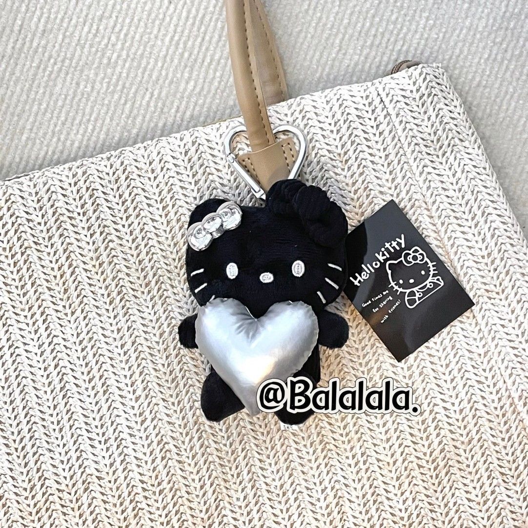 Black Silver Color Matching Love Black Leather Kitty Pendant Schoolbag Love Girl Plush Key Chain Cute Hang Decorations