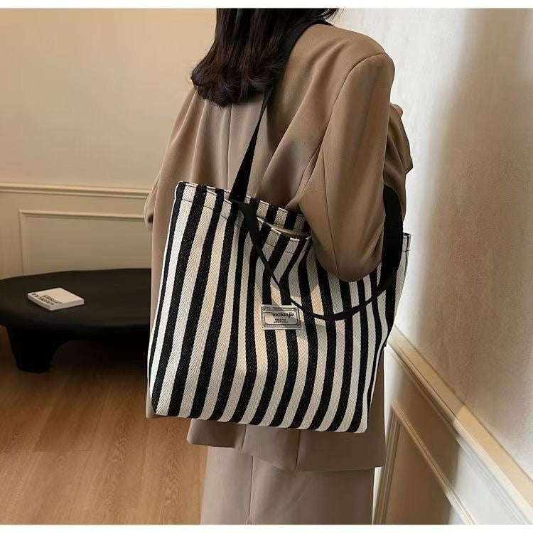 Women's Striped Tote New Simple Large Capacity Shoulder Bag Fashion Commuter Versatile Handbag