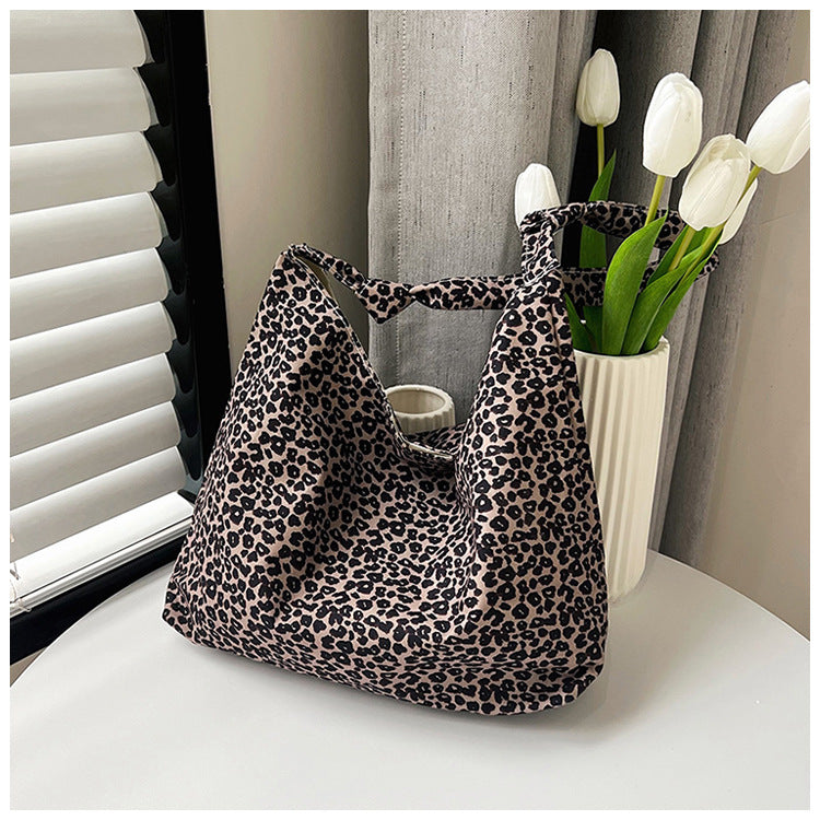 Leopard Print Canvas Tote Bag Women's Casual Shoulder Crossbody Bag Large Capacity Soft Style Fashion Trendy