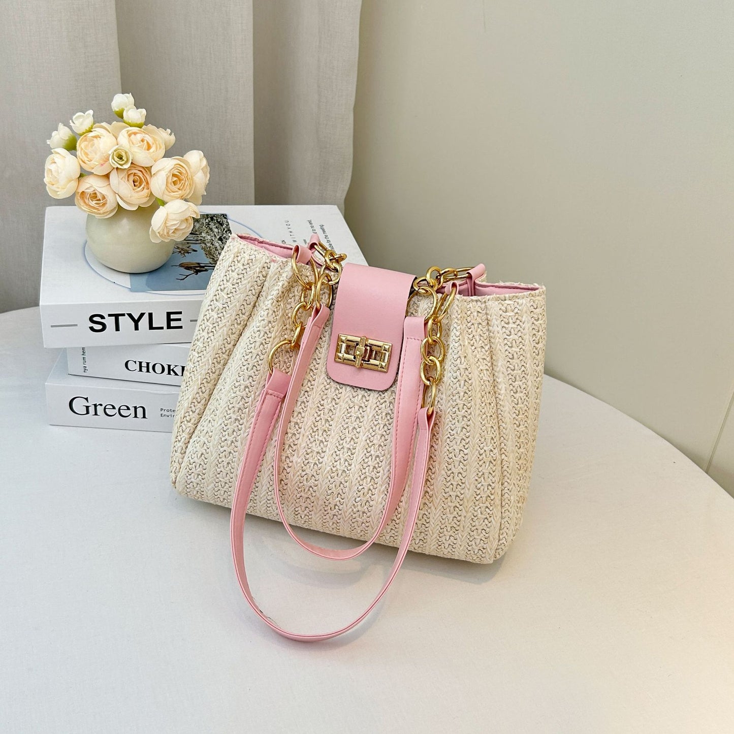 Spring New Women's Classic Style Straw Shoulder Bag Wide Shoulder Strap Large Capacity Commuter's All-Matching Fashion Design Daily Essential