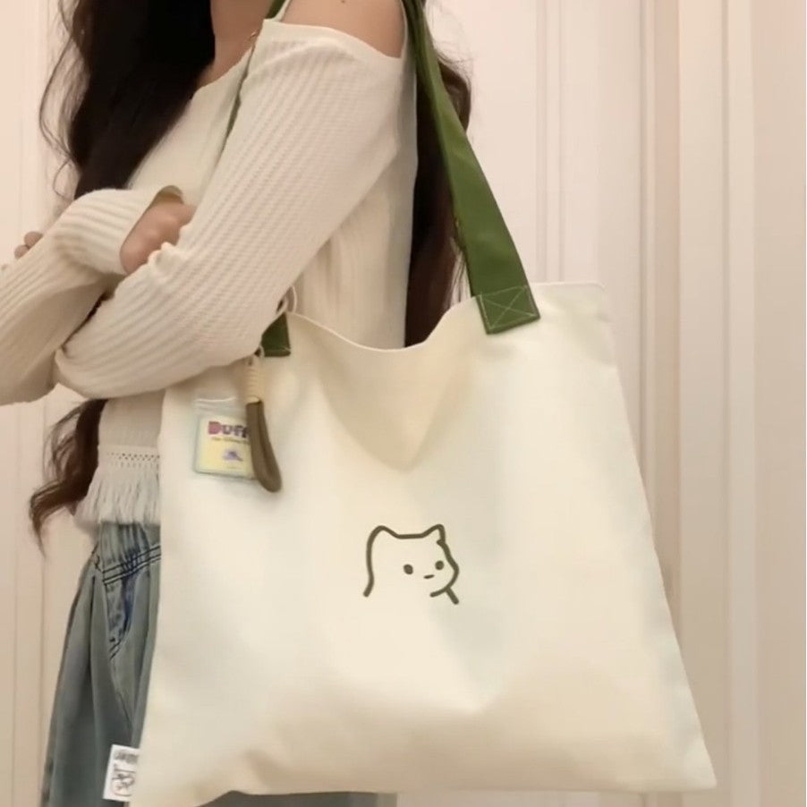 Cute Cat Print Canvas Tote Bag for Women, Large Capacity Shoulder Bag with Simple Design, Perfect for Daily Use and School
