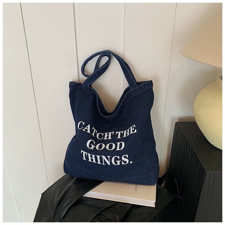 Korean Style Letter Ins Style Denim Bag Large Capacity Versatile Casual Shoulder Bag Trendy Personality Tote Bag