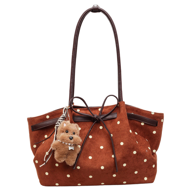 Vintage Polka Dot Tote Bag with Cute Bear Charm, Fashionable Drawstring Shoulder Bag for Daily Commute and Casual Outings