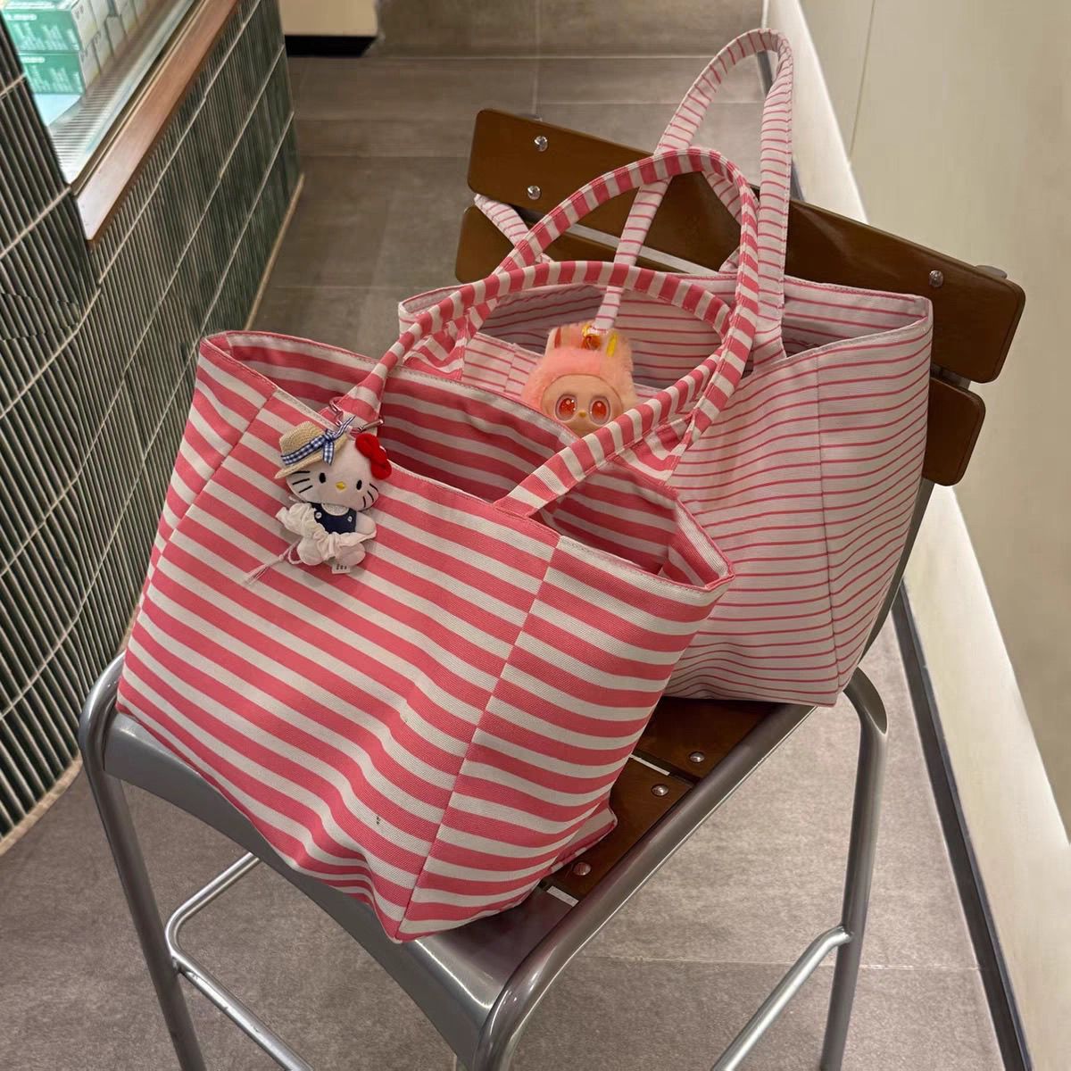 Korean Style Women's Striped Lazy Tote Bag Large Capacity Fashion Shopping Bag Everyday Joker Canvas Bag