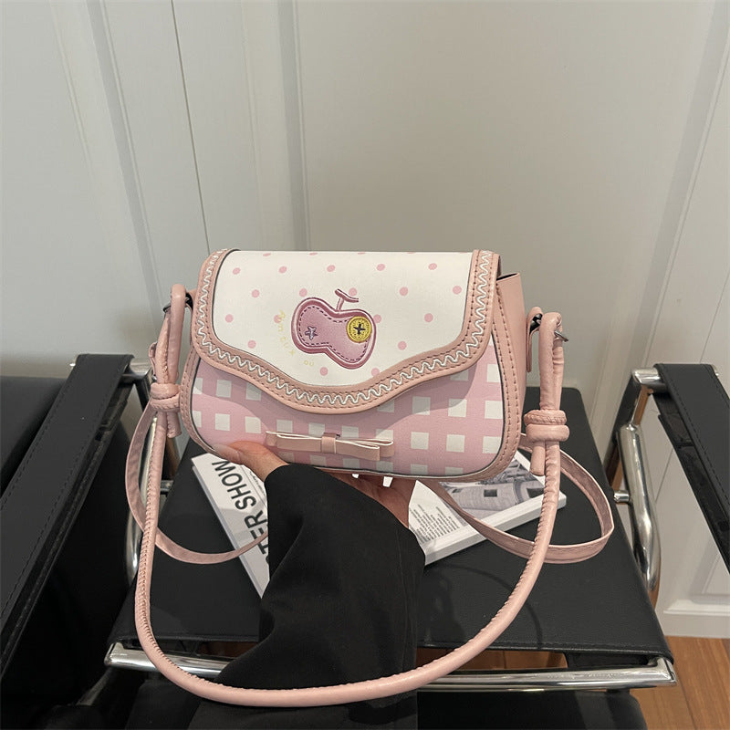Cute Apple Design Patchwork Shoulder Bag with Ruffle Trim for Women, Fashionable Crossbody Bag with Bow Detail and Soft PU Material