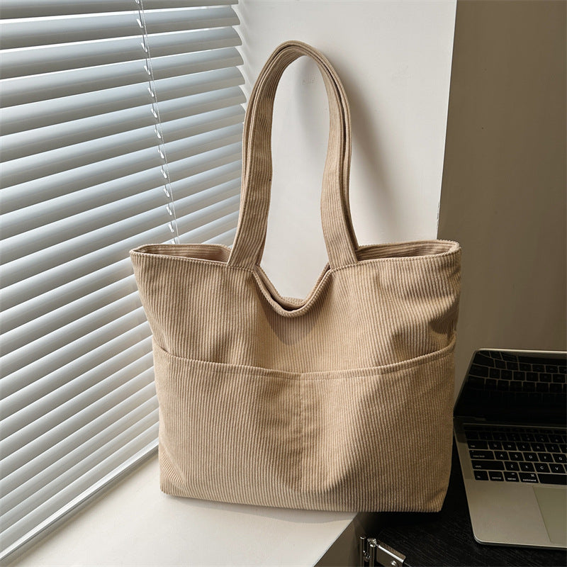 Corduroy Bag Women's Korean-Style Large Capacity New Pure Color Artistic Student Shoulder Tote Bag
