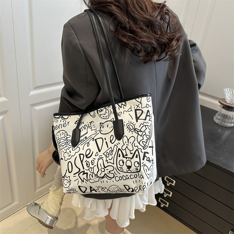 Graffiti Canvas Bag Women's New Casual Shoulder Bag Versatile Large Capacity Commuter Tote