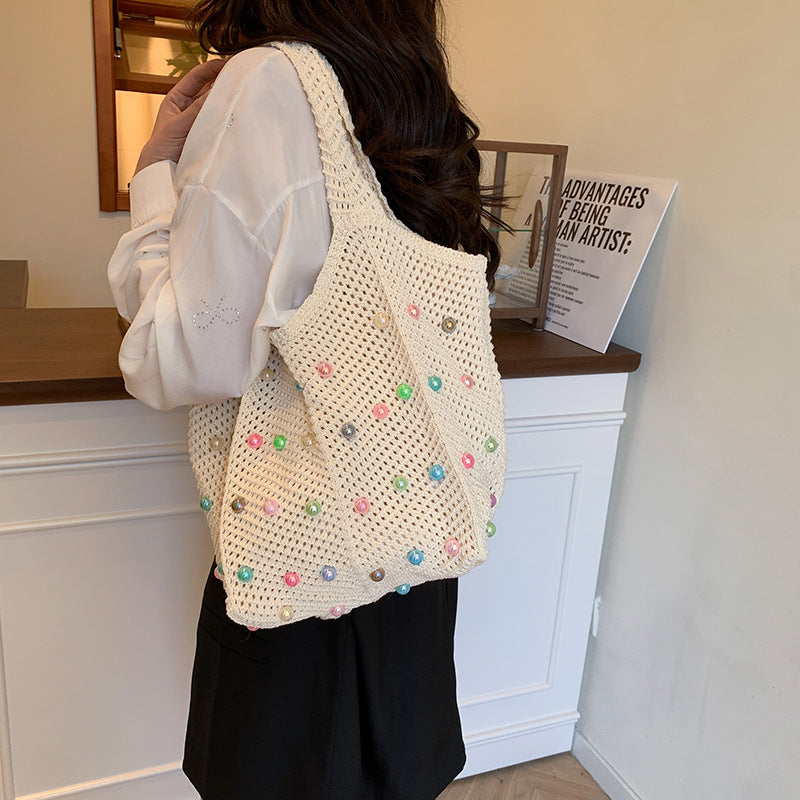 Idle Style Seaside Vacation Weaving Women's Summer New Pearl Hollowed-out Large Capacity Totes