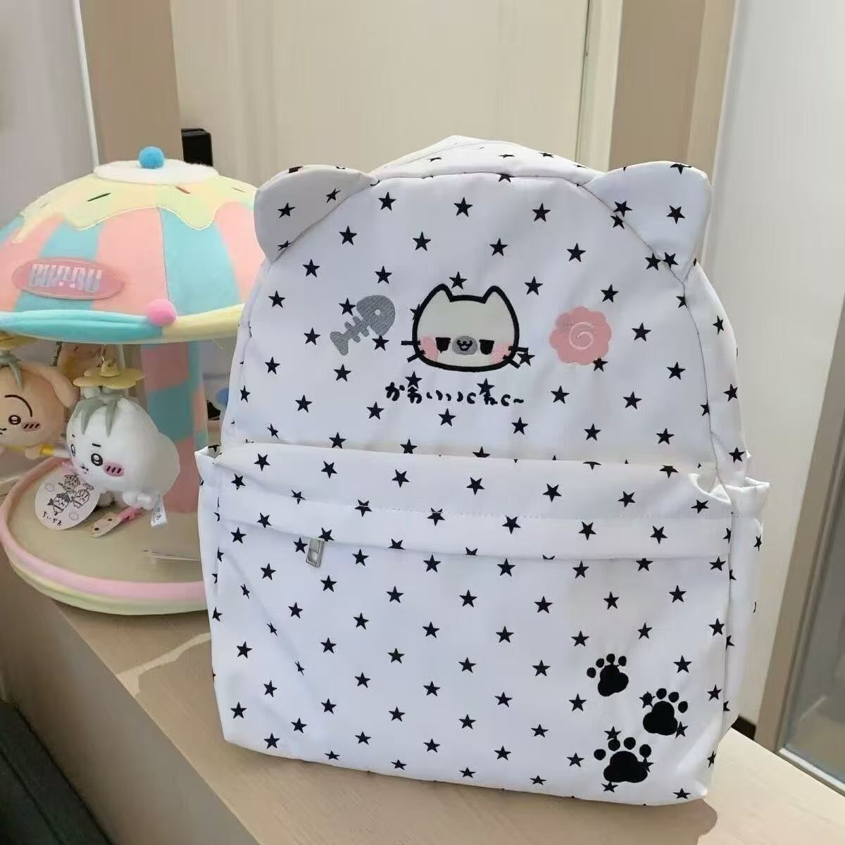 Cute Cat Ears Backpack with Star Print and Paw Design, Waterproof Oxford Fabric, Perfect for School and Daily Use