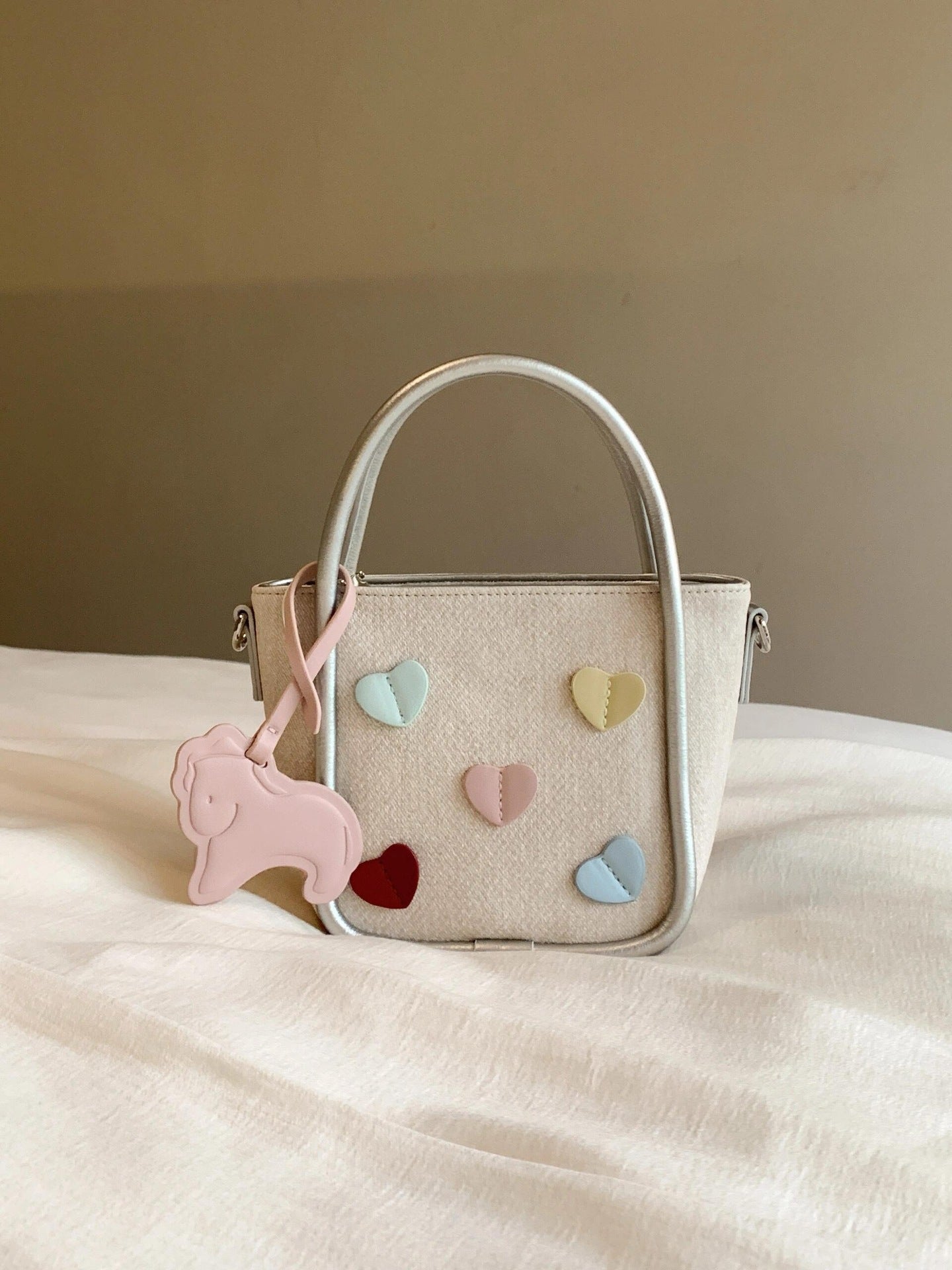 Cute Color-Blocked Canvas Tote Bag with Heart Appliques and Pony Charm for Women - Summer 2025 Trendy Daily Use Handbag